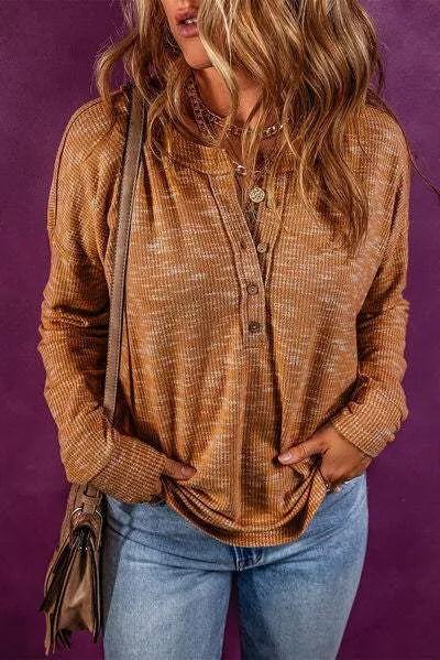 Half Button Dropped Shoulder Long Sleeve T-Shirt Ochre Women's T-Shirts - Tophatter Daily Deals